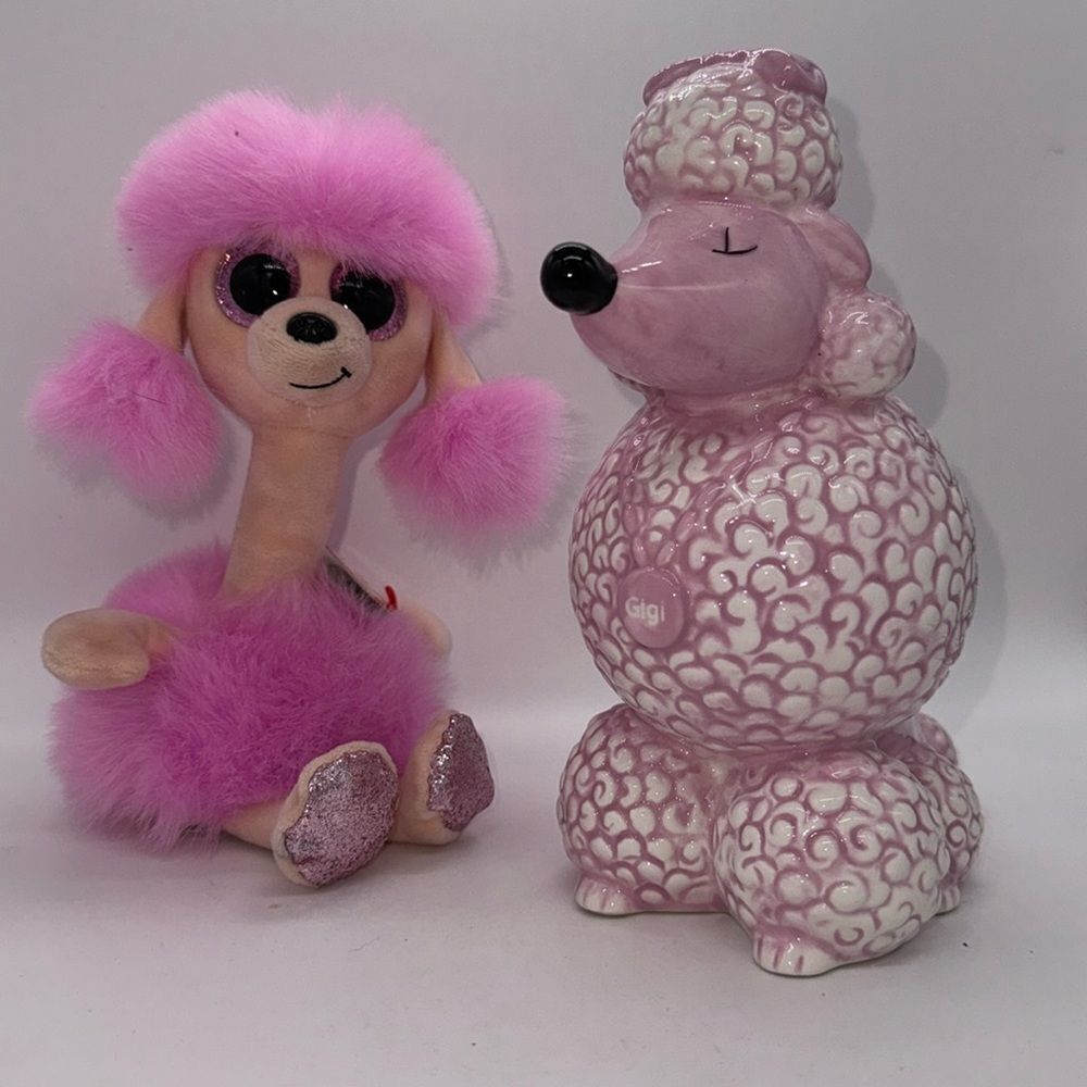 2 Pink Poodles Ceramic and Plush
